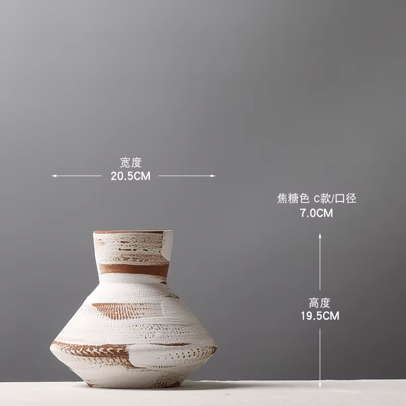 Ceramic vase with measurements on a gray background
