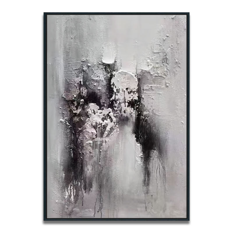 Abstract art painting in black, white, and gray with a black frame on a white background