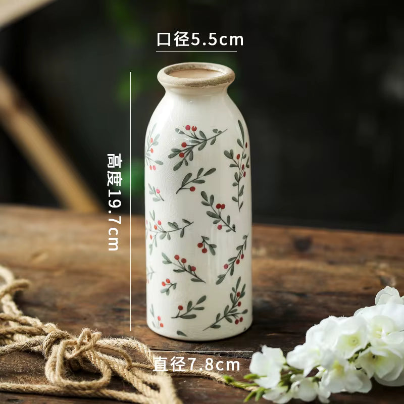 White ceramic bottle with floral patterns on a wooden surface
