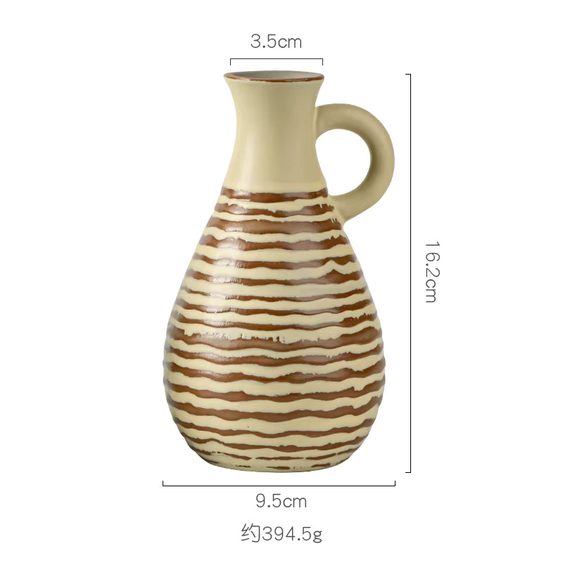 Ceramic vase with wavy design and dimensions on a white background