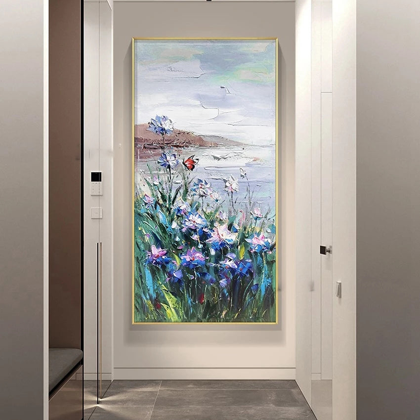 Framed painting of flowers in a modern interior setting