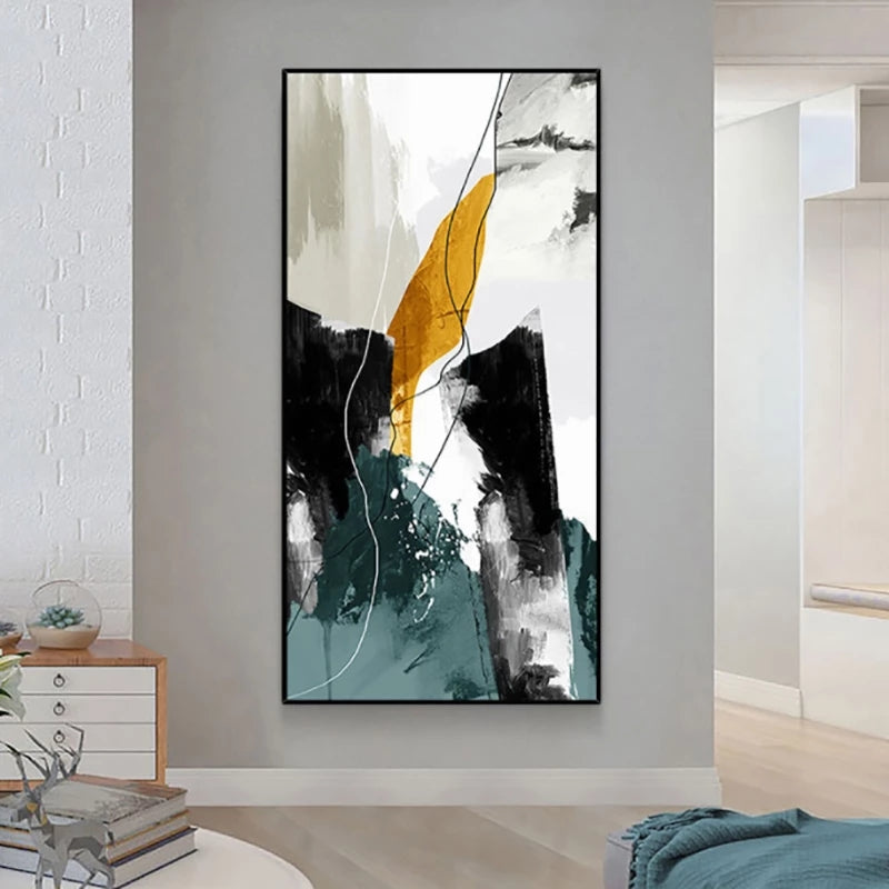 Abstract painting with yellow, black, and blue on a wall in a modern interior setting.