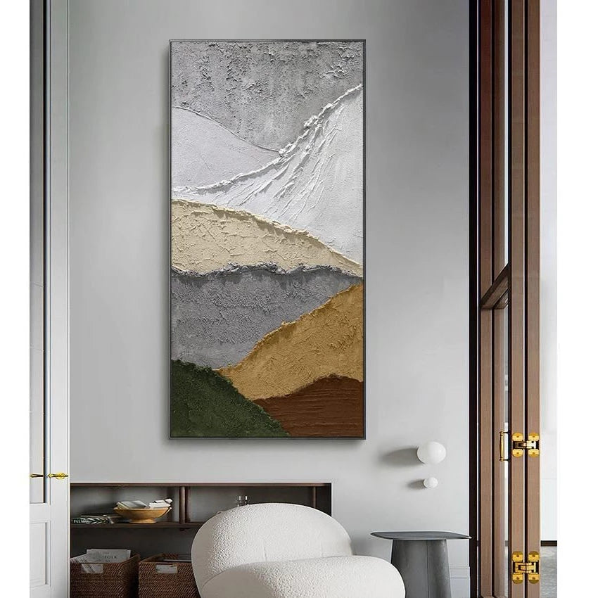 Abstract wall art with earthy tones in a modern interior setting