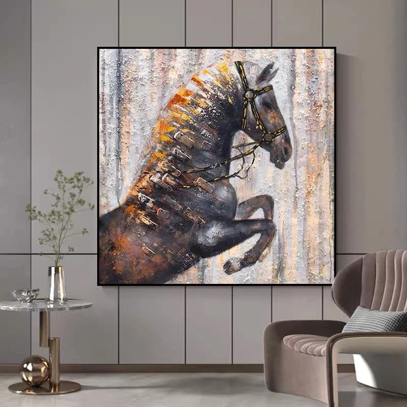 Framed painting of a horse on a wall in a modern interior setting.