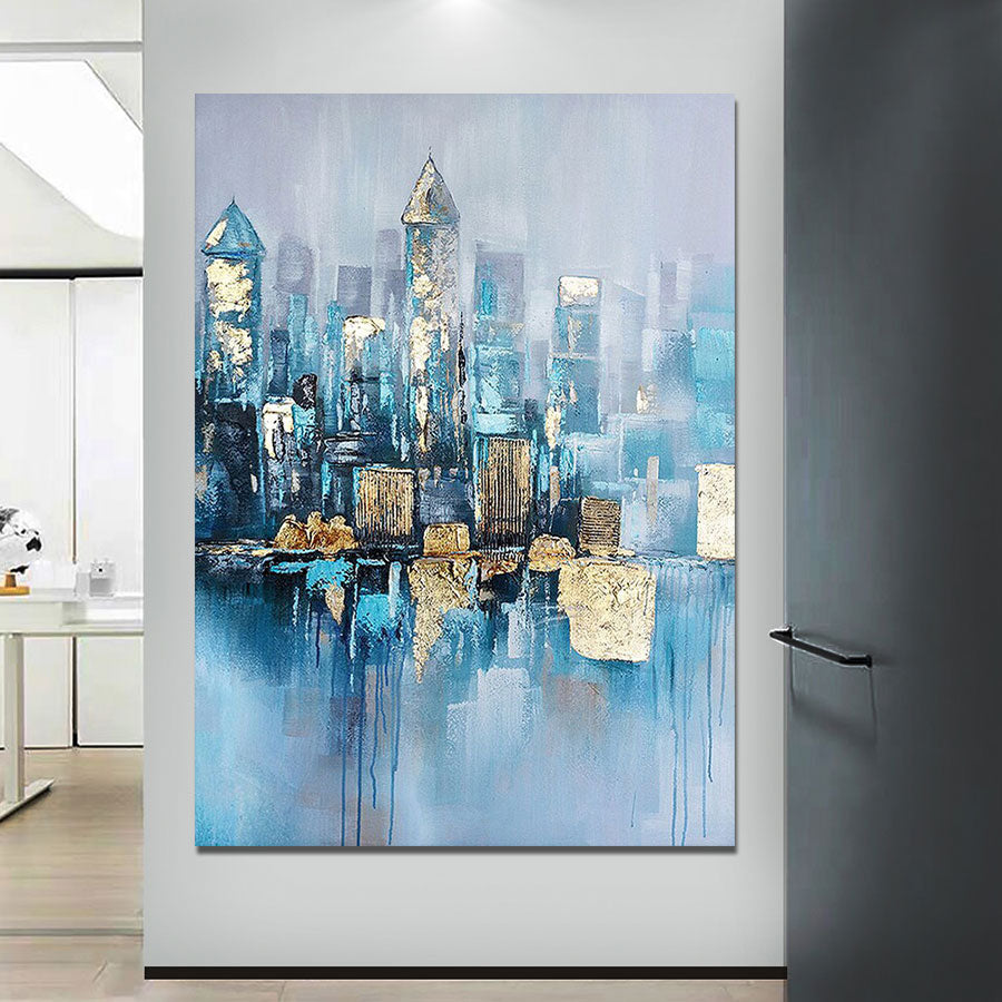 Abstract cityscape painting on a wall in an office setting
