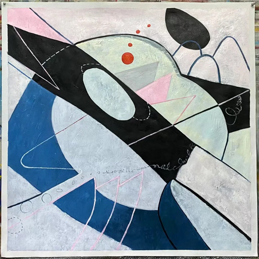 Abstract artwork with geometric shapes and colors on a textured surface