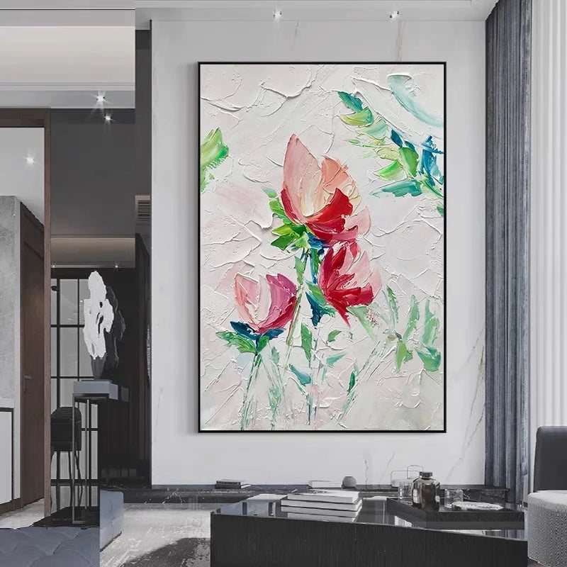 Colorful floral painting on a wall in a modern interior setting