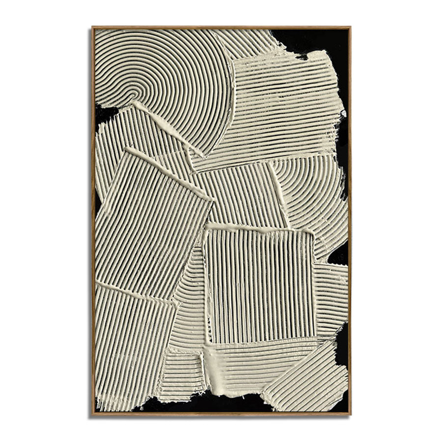 Abstract art piece with geometric patterns in black and white on a white background