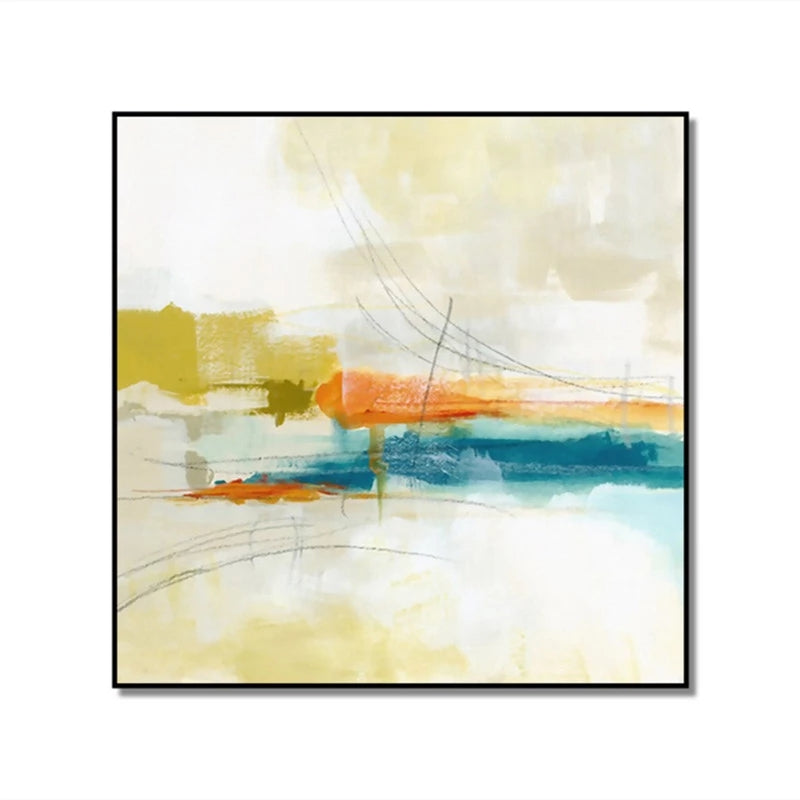 Abstract art piece with orange, blue, and beige colors on a white background