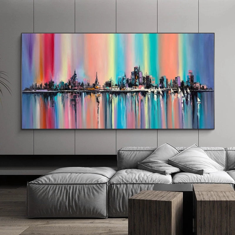 Colorful cityscape painting on a wall above a modern sofa.