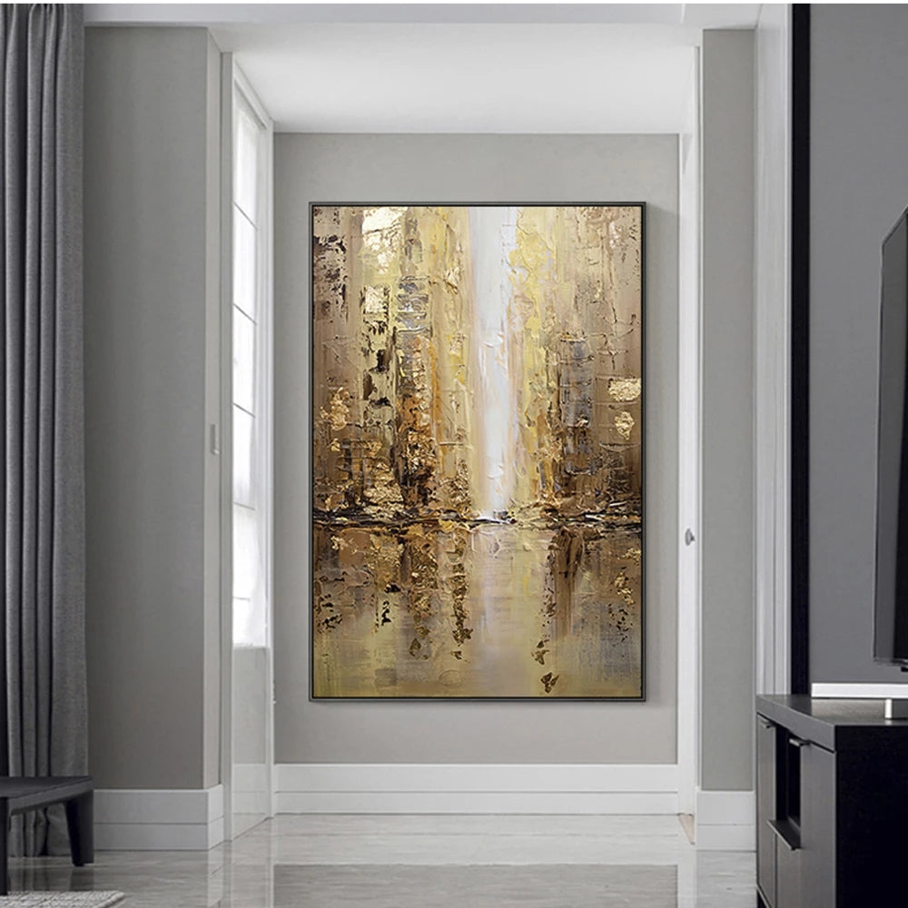 Abstract painting in a modern interior setting with neutral tones.