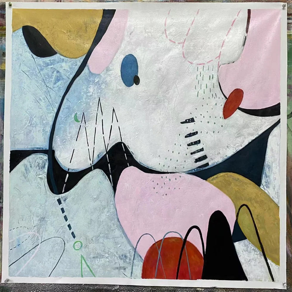 Abstract artwork with colorful shapes and lines on a textured background