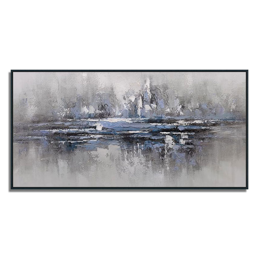 Abstract painting with black, white, and gray tones on a white background