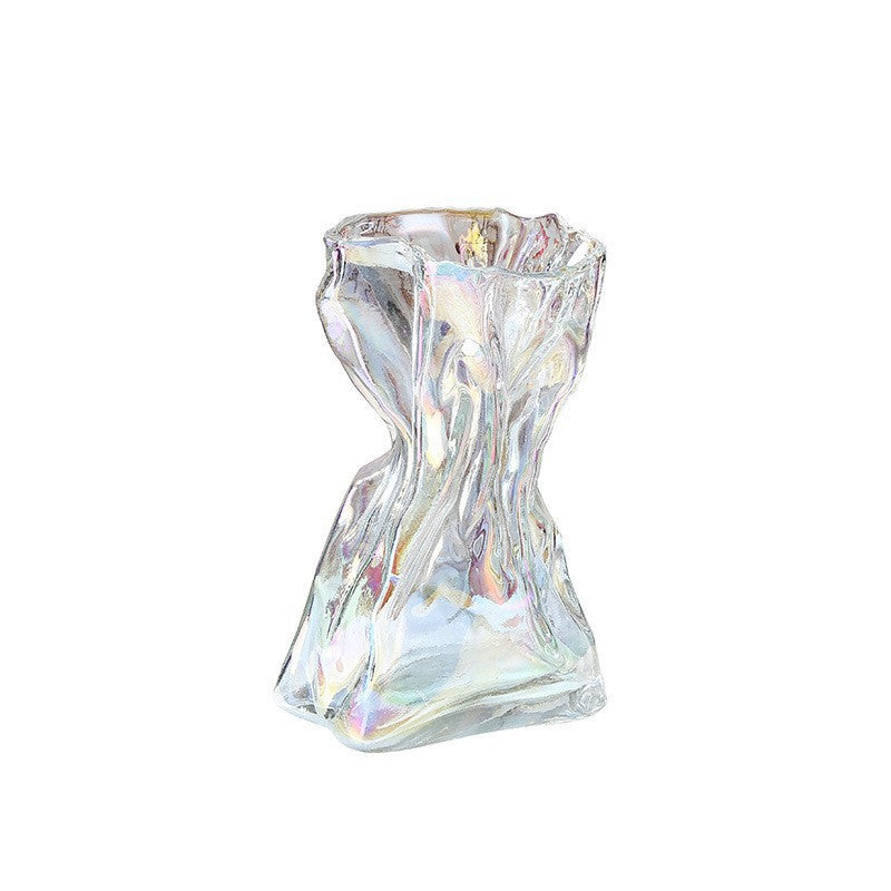 Crystal vase with an iridescent finish on a white background