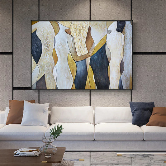Abstract painting above a white sofa in a modern living room