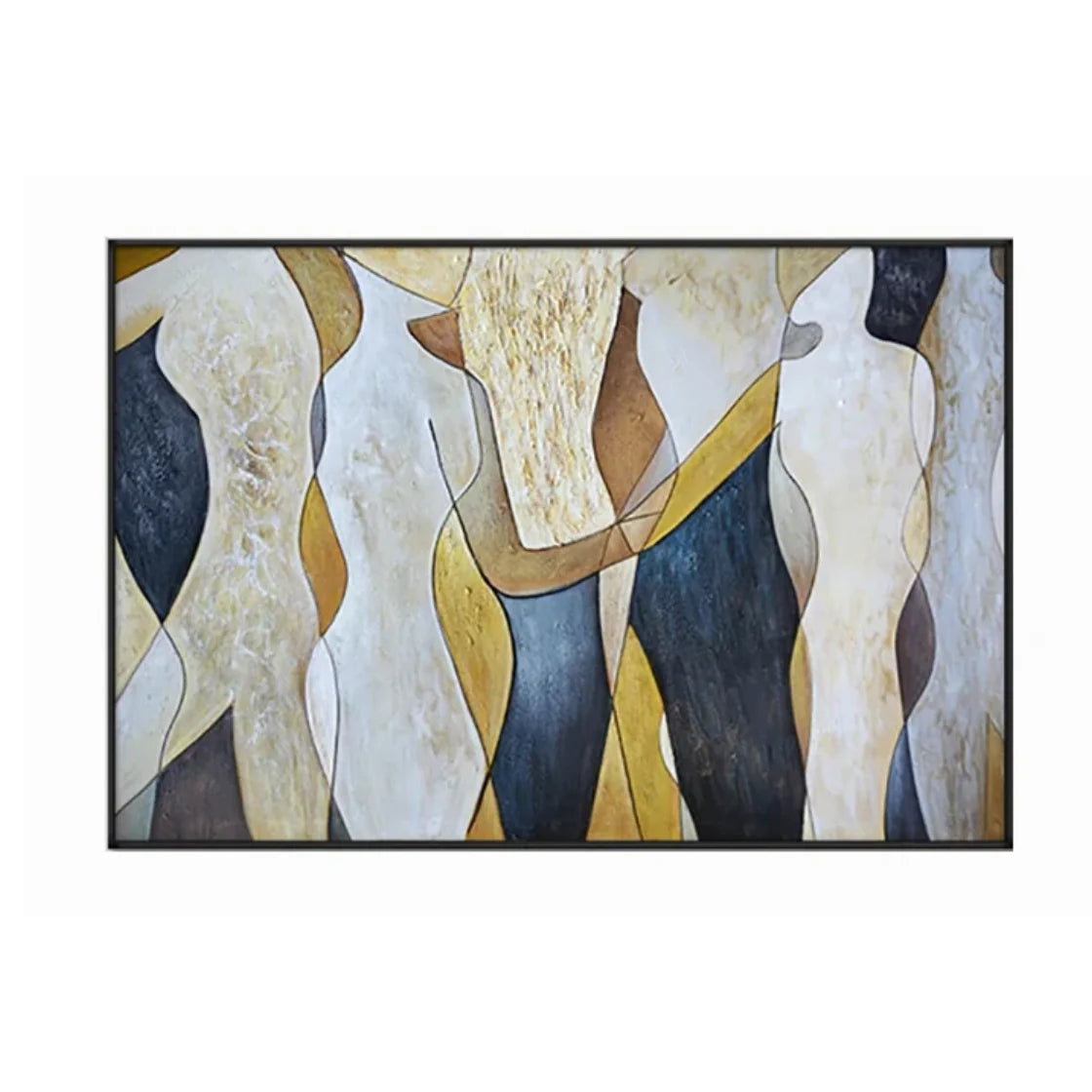 Abstract art piece with geometric shapes in black, white, and gold on a white background