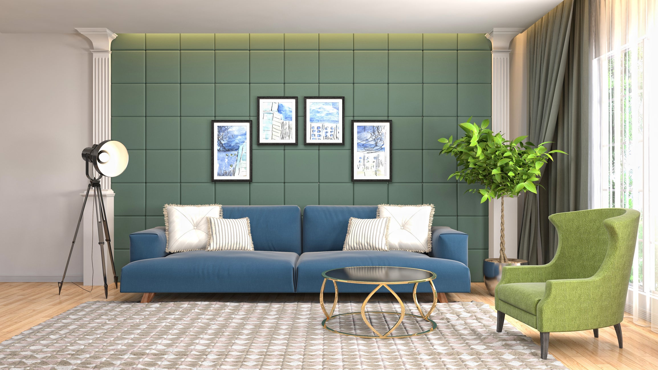 Modern living room with a blue sofa, green armchair, and decorative elements.