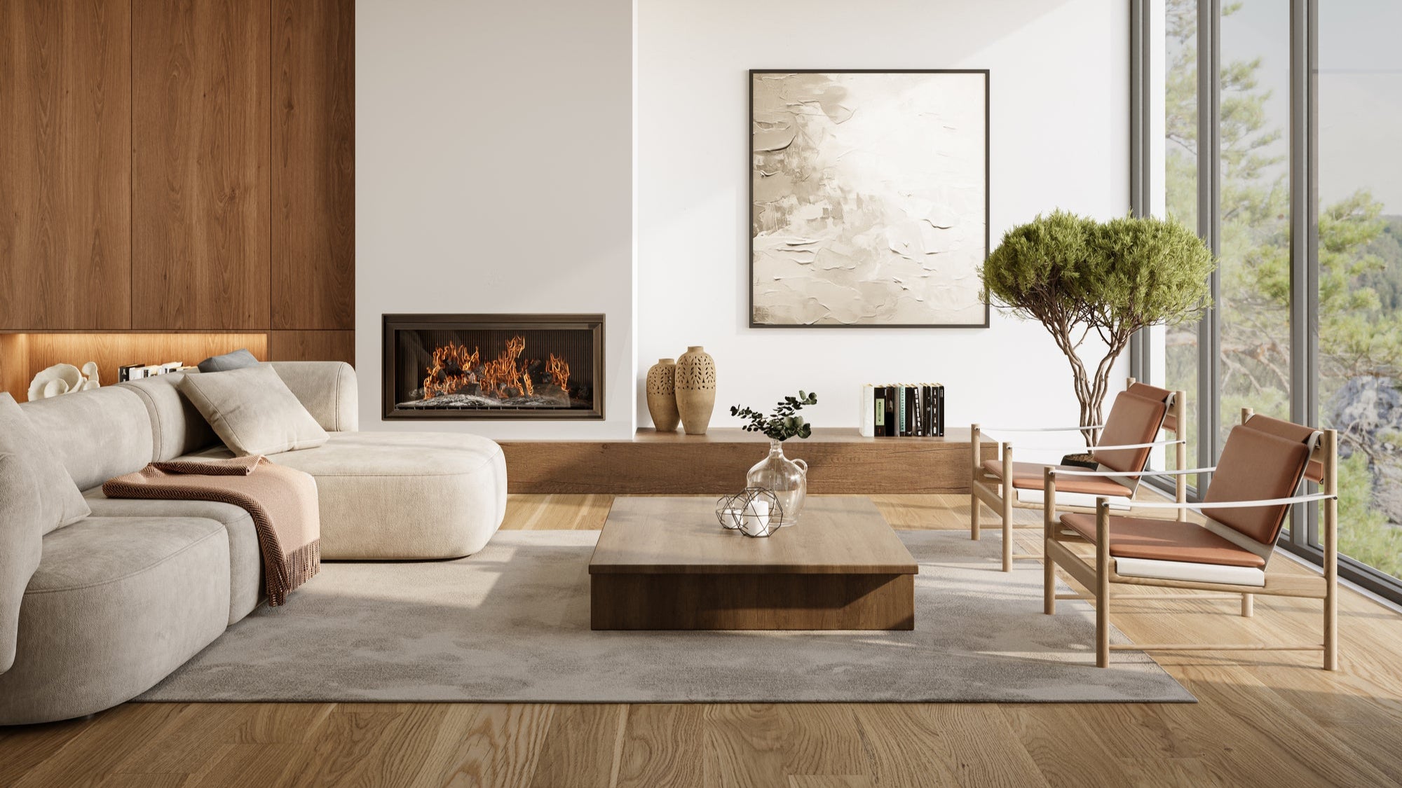 Modern living room with a fireplace, sofa, and large windows.