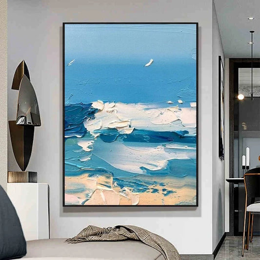 Abstract art painting of a blue and white landscape in a modern interior setting.