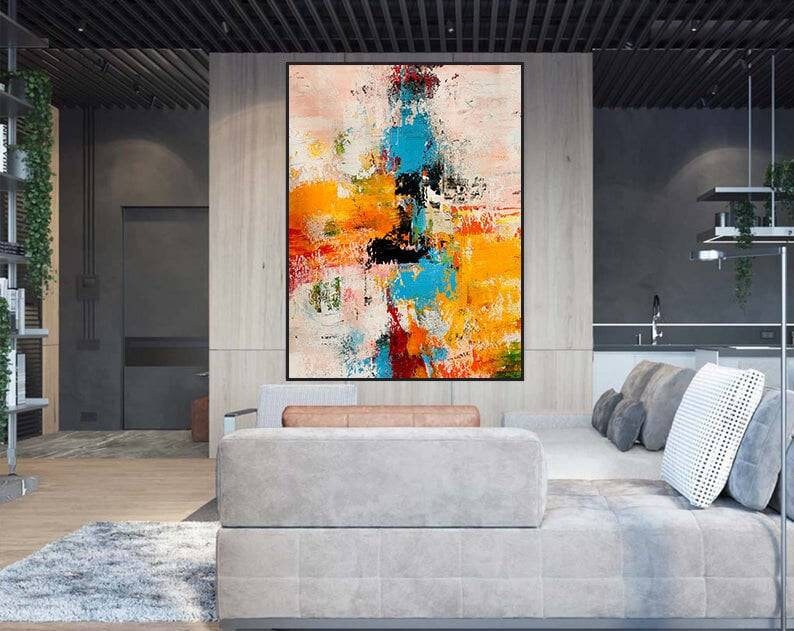 Abstract art painting in a modern living room setting