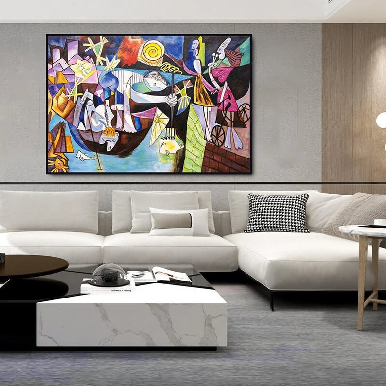 Modern living room with a colorful abstract painting on the wall above a white sectional sofa.