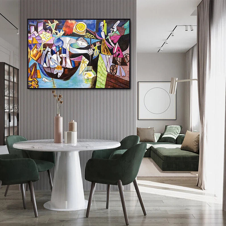Modern living room with a colorful abstract painting on the wall.