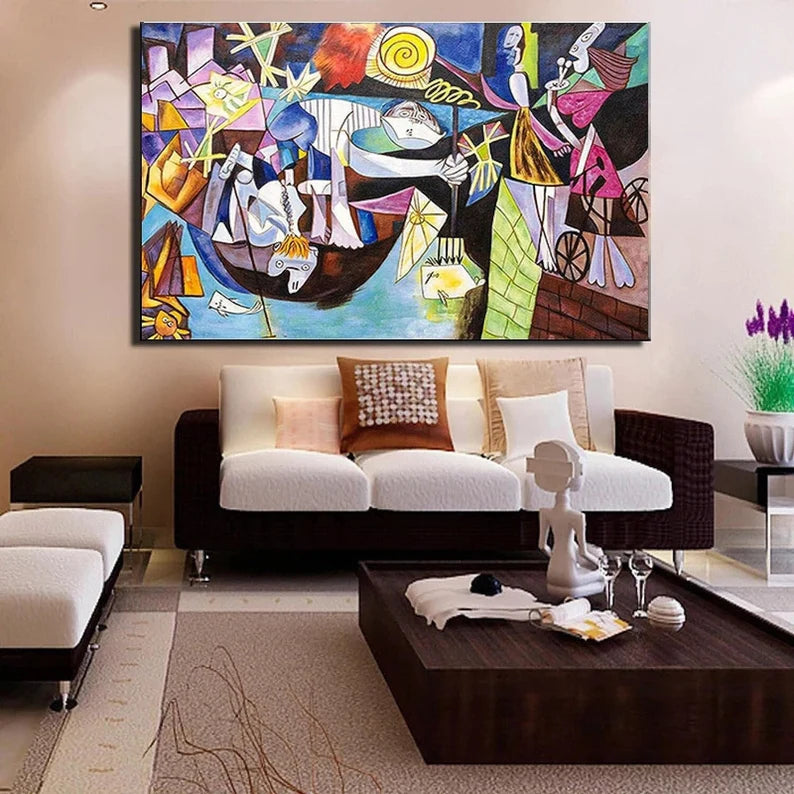 Modern living room with a colorful abstract painting on the wall.