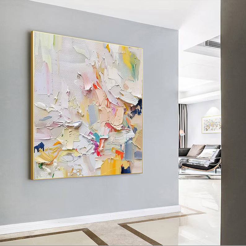 Abstract painting on a gray wall in a modern interior setting
