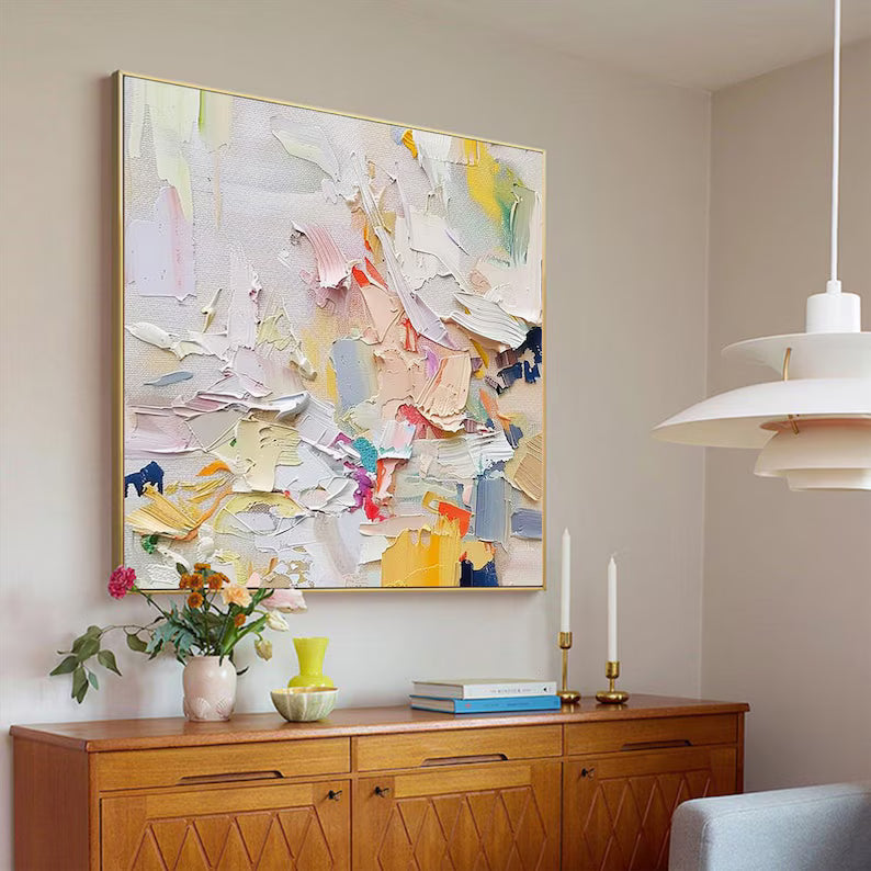 Abstract painting on a wall above a wooden sideboard with decorative items.