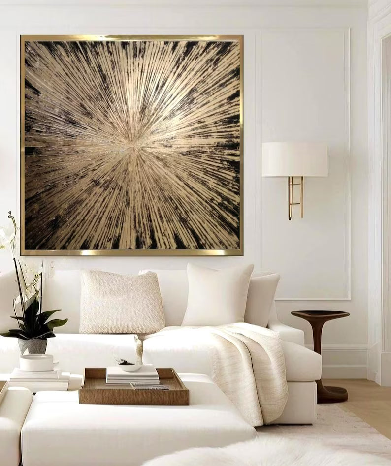 Modern living room with a large abstract painting on the wall