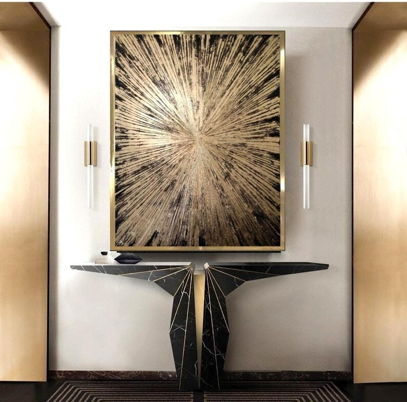 Modern interior design with abstract wall art and a console table.