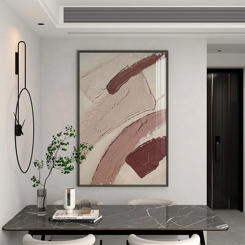 Modern interior with abstract art on the wall, table, and chairs.