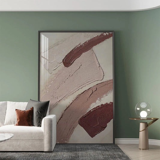 Abstract painting in a modern living room with a sofa and side table.