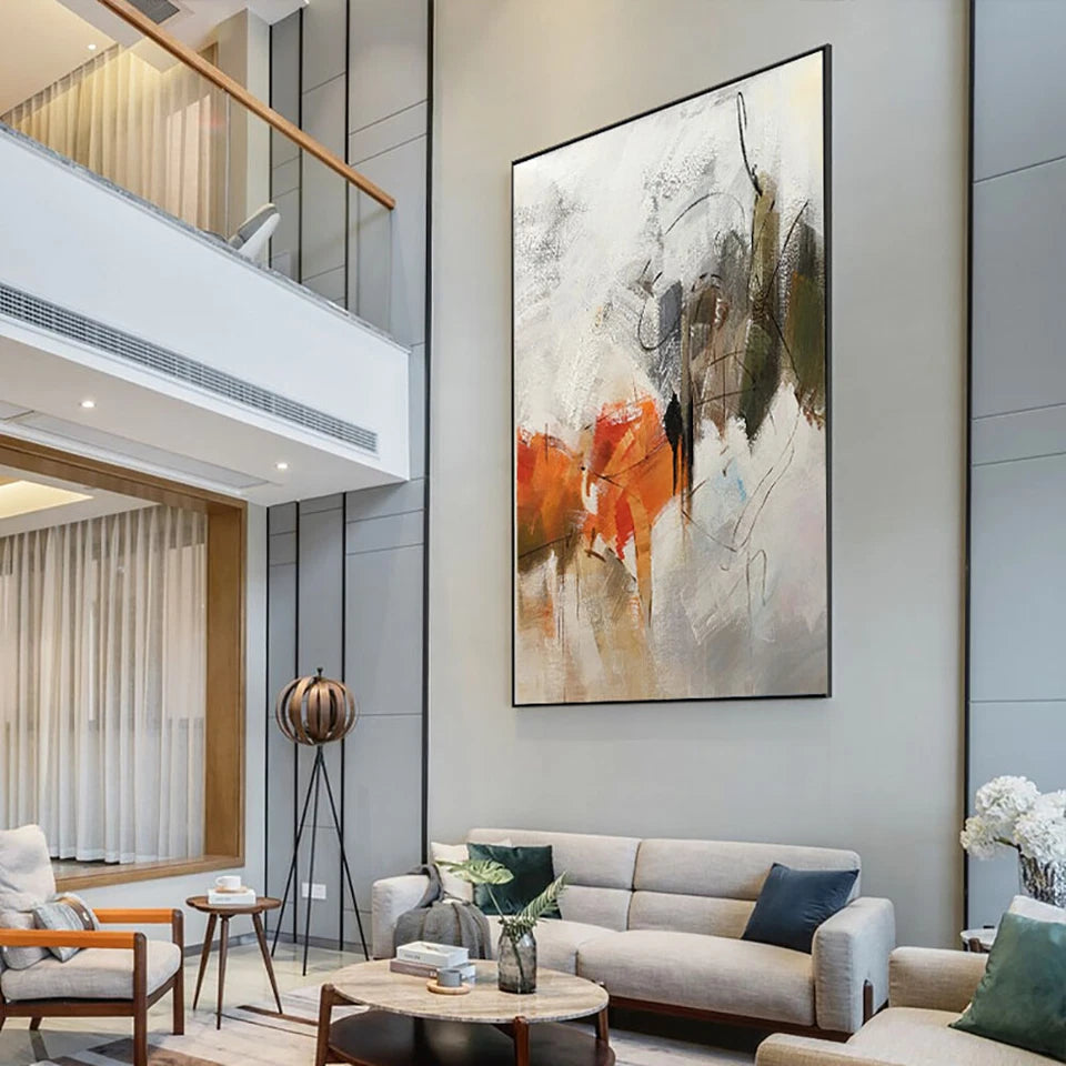 Modern living room with abstract art on the wall