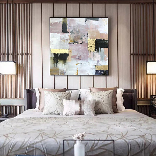 Modern bedroom with abstract painting above a bed