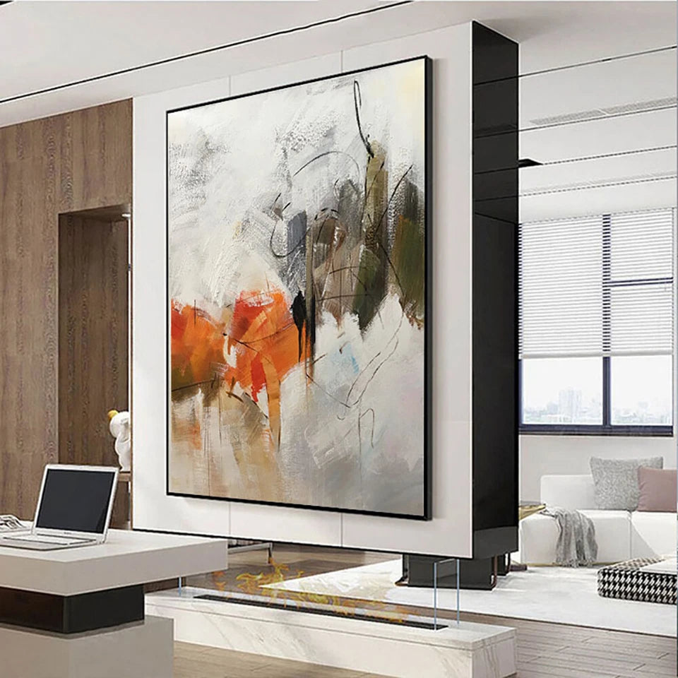 Modern living room with a large abstract painting on the wall.