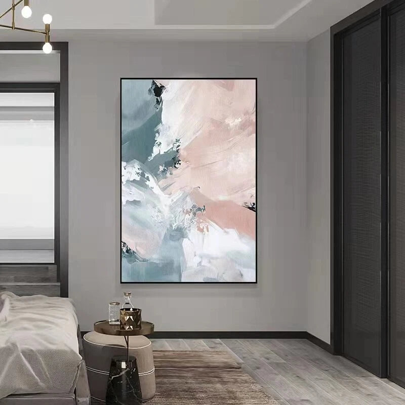 Abstract painting on a wall in a modern bedroom setting
