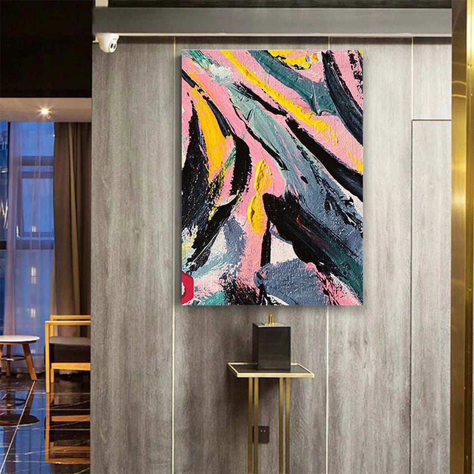 Abstract art painting on a wall in an indoor setting
