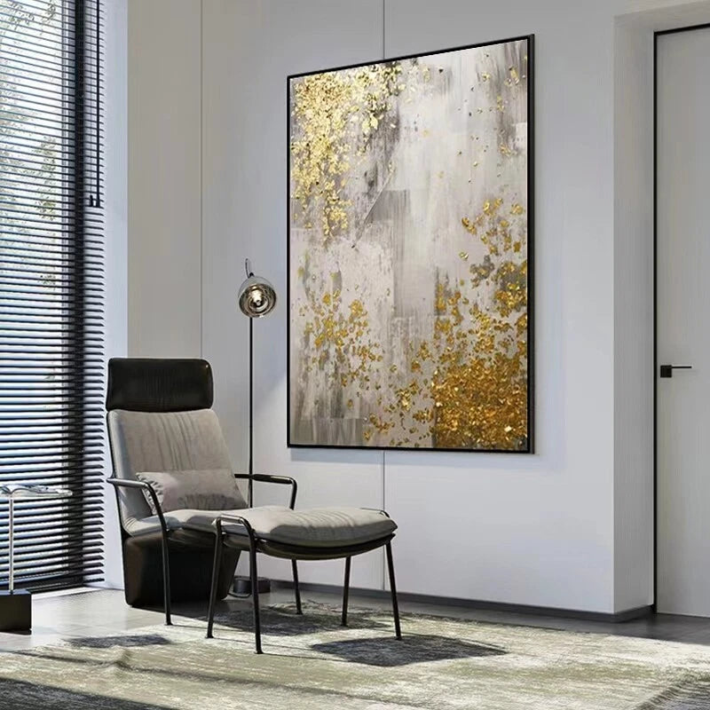 Modern interior with a chair, floor lamp, and abstract painting on the wall.