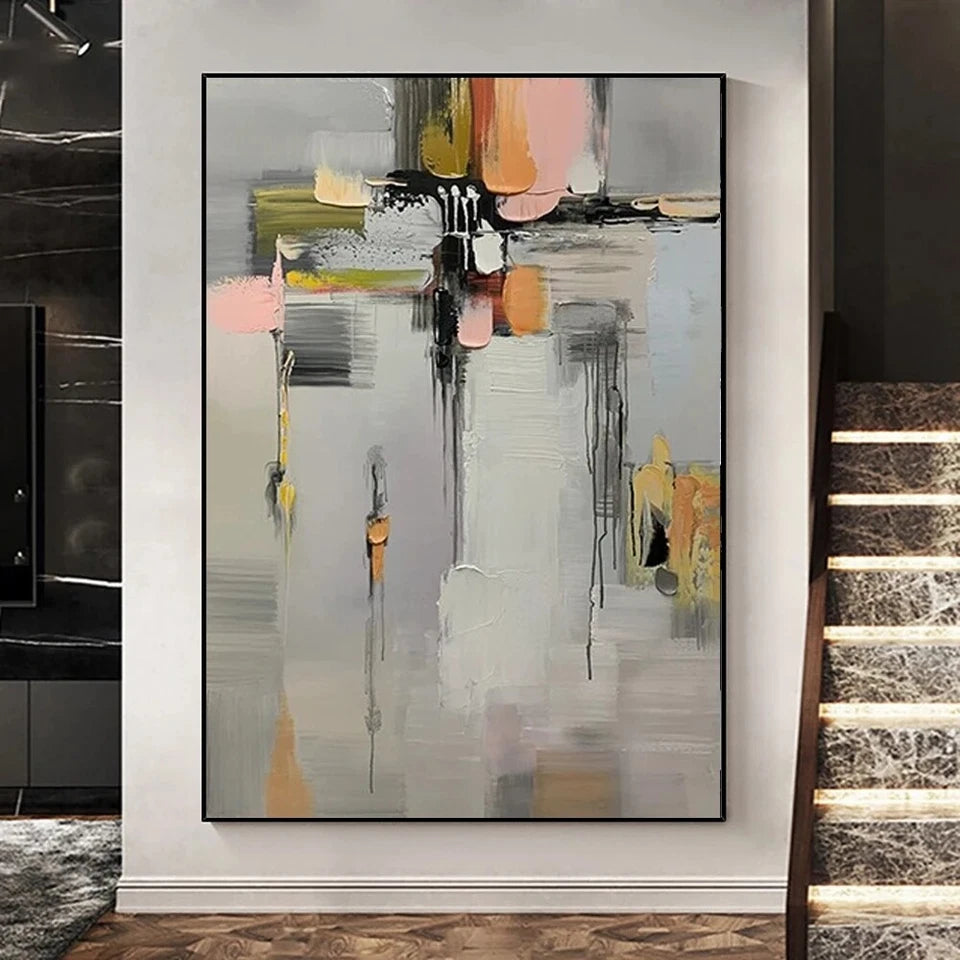 Abstract art painting on a wall with a modern interior setting