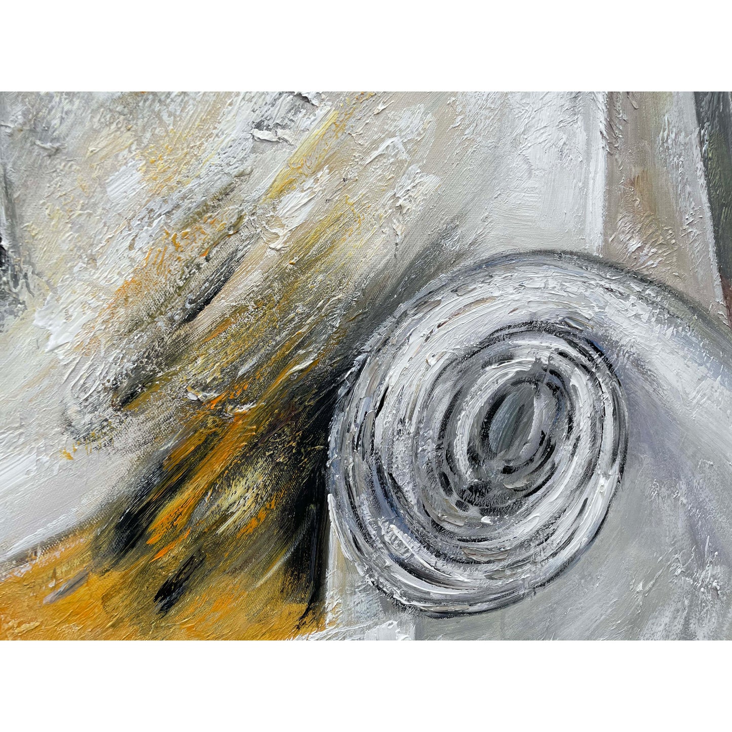 Abstract painting with swirling patterns in gray, black, and gold on a white background