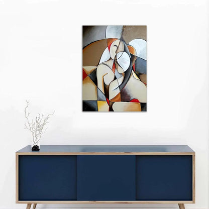 Abstract painting on a wall above a blue cabinet