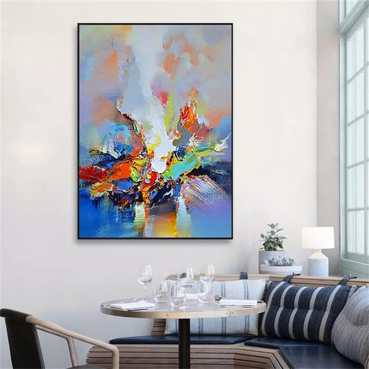 Colorful abstract painting in a modern living room setting.