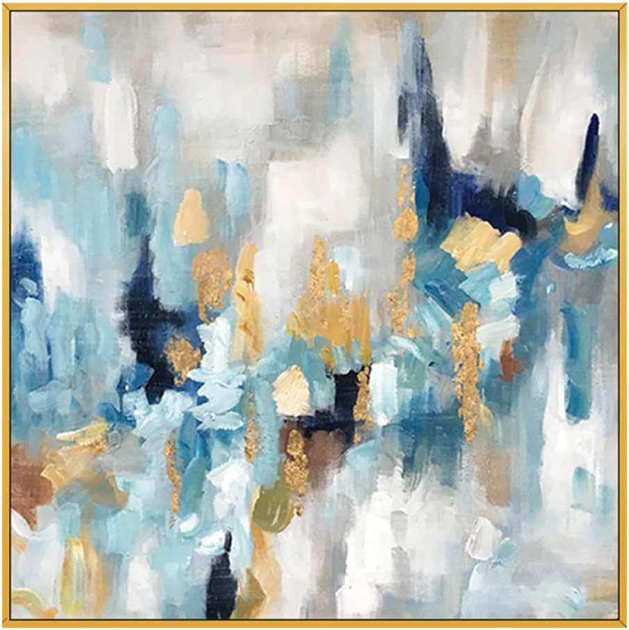 Abstract art painting with blue, gold, and white colors in a gold frame.