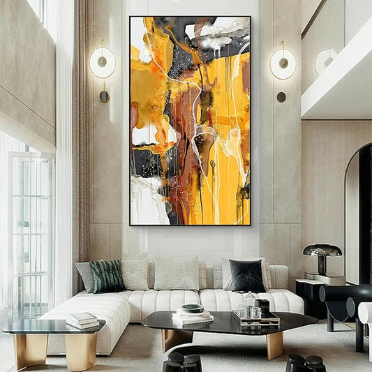 Modern living room with a large abstract painting on the wall