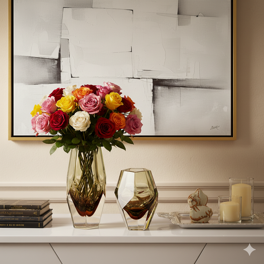 Decorative setup with flowers, vases, and a painting on a wall.