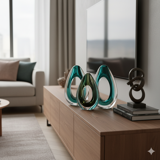 Decorative teal sculptures on a wooden cabinet in a living room setting.