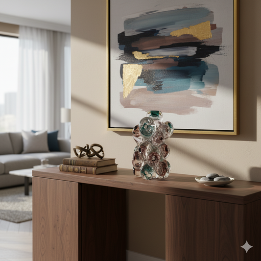 Modern living room with a wooden console table, abstract art, and decorative items.