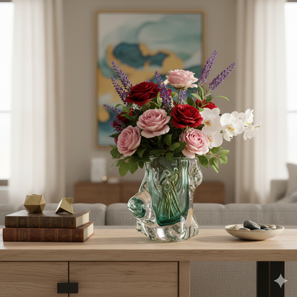 Colorful flower arrangement in a glass vase on a wooden table with a blurred living room background