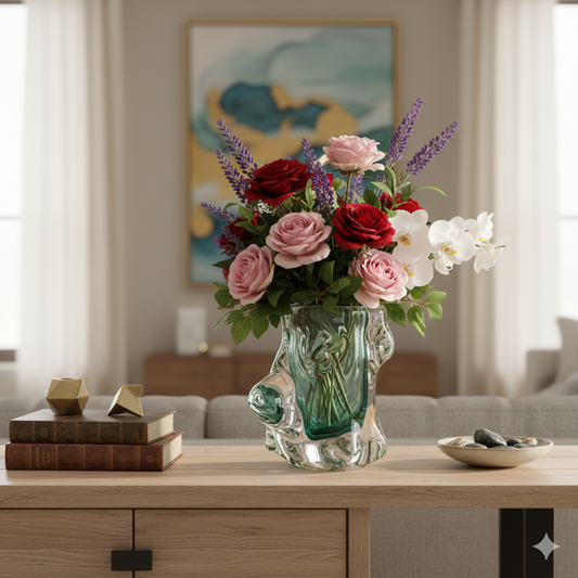 Colorful flower arrangement in a glass vase on a wooden table with a blurred living room background